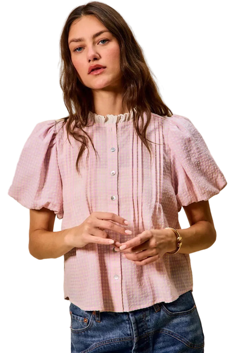 SO ME Gingham Lace Trim Button Bubble Sleeves Blouse – Women’s Casual Top
