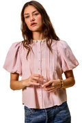 SO ME Gingham Lace Trim Button Bubble Sleeves Blouse – Women’s Casual Top