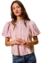 SO ME Gingham Lace Trim Button Bubble Sleeves Blouse – Women’s Casual Top