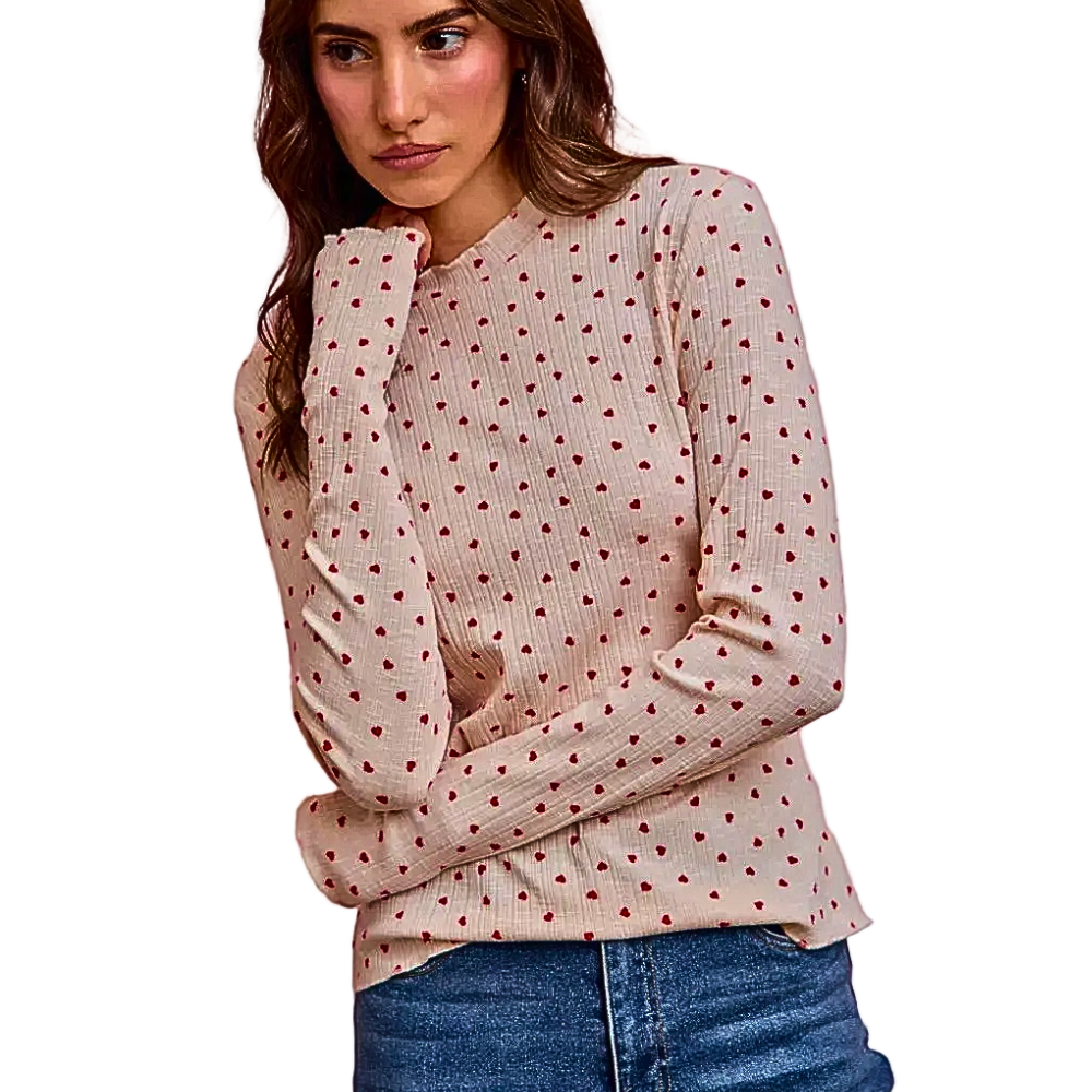 SO ME Heart Blouse Rib Knit Top Lightweight Long Sleeve Round Neck Top