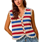 SO ME Knit Vest Striped Blue Red V-Neck Lace Trim Sleeveless Lightweight Sweater