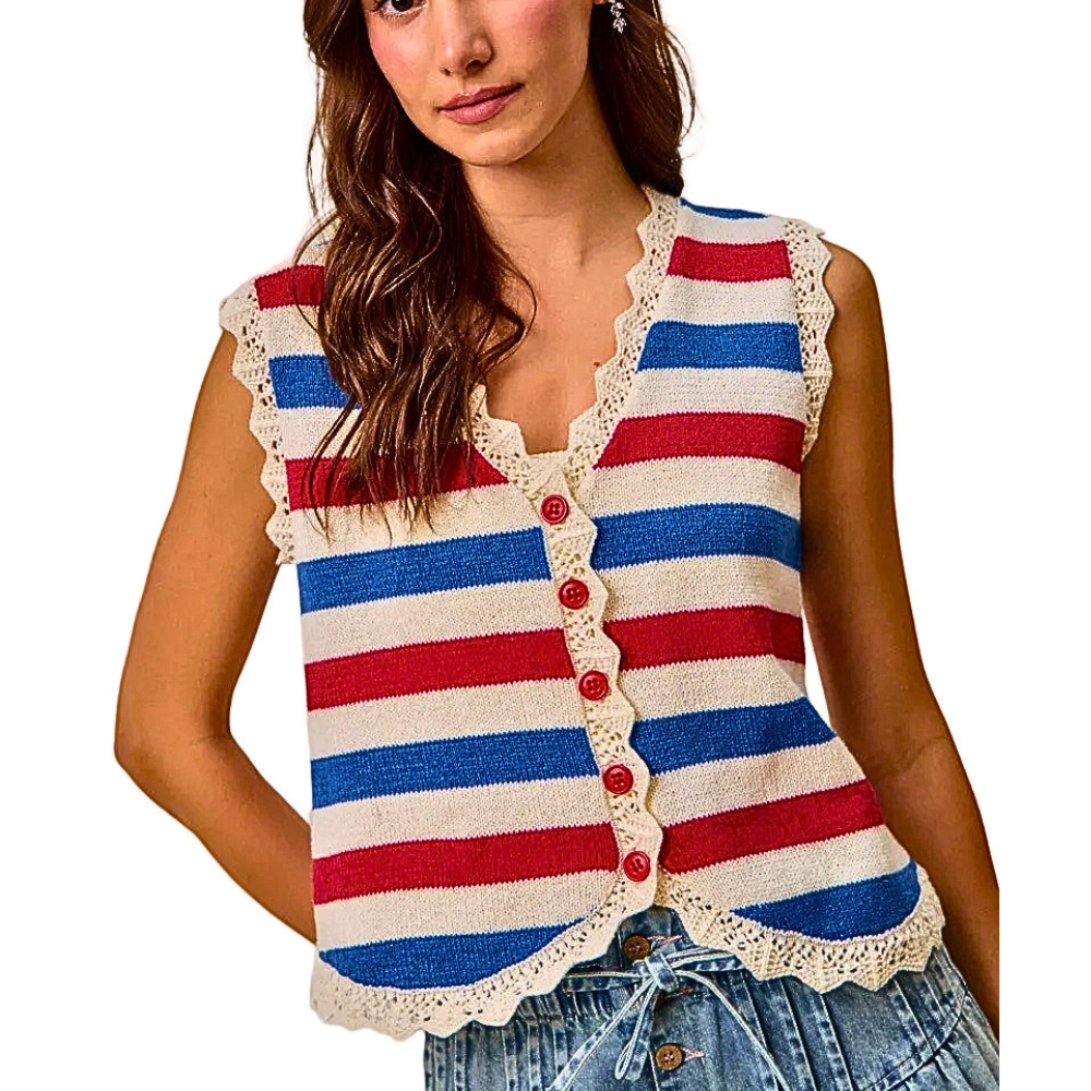 SO ME Knit Vest Striped Blue Red V-Neck Lace Trim Sleeveless Lightweight Sweater