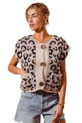 SO ME Leopard Sweater Vest Top Big Metal Button Front Short Sleeve