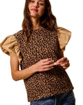SO ME Leopard Women Blouse Pointelle with Puff Short Sleeves Casual Knit Top - Styleinger