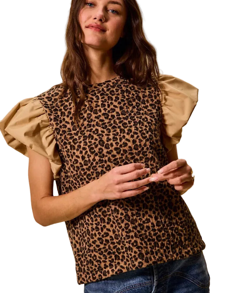 SO ME Leopard Women Blouse Pointelle with Puff Short Sleeves Casual Knit Top - Styleinger