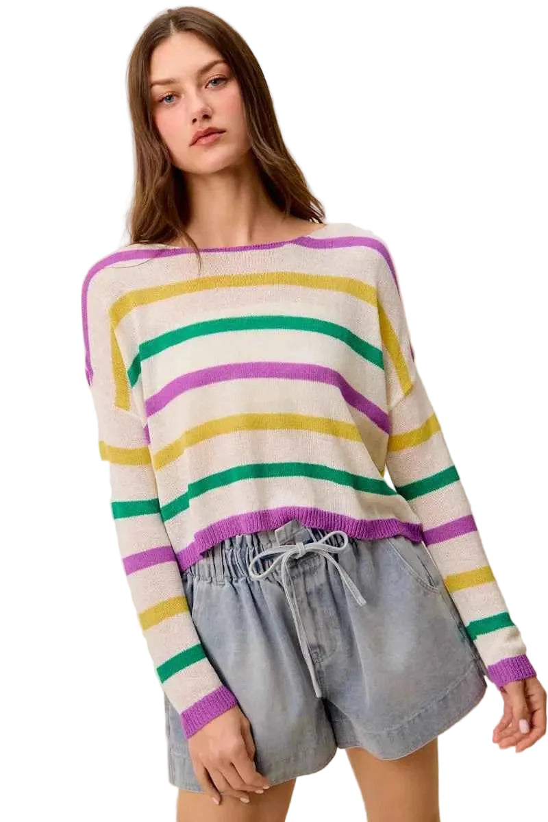 SO ME Mardi Gras Color Stripe Lightweight Sweater Top – Women’s Knit Pullover