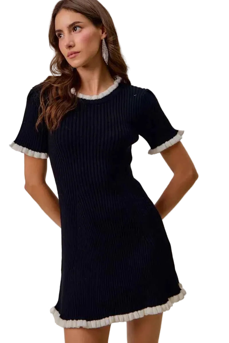SO ME Mini Dress Sweater Knit Contrast Ruffled Black White Short Sleeve