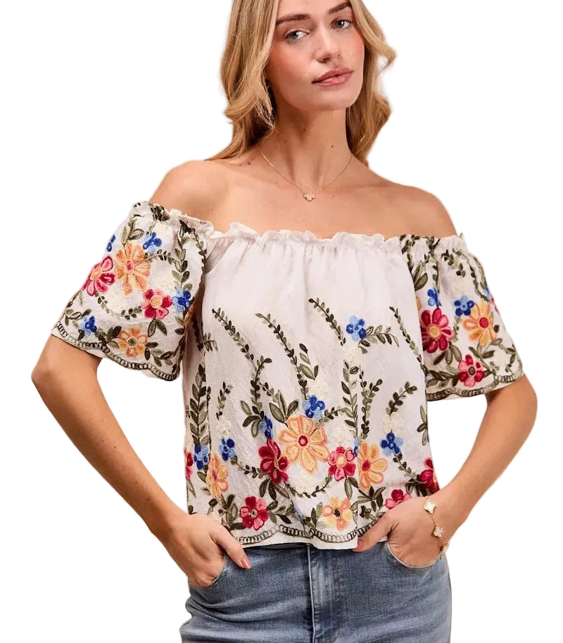 SO ME Off-The-Shoulder Blouse Women’s Floral Embroidered Two Way Top Ruffle Shirt - Styleinger