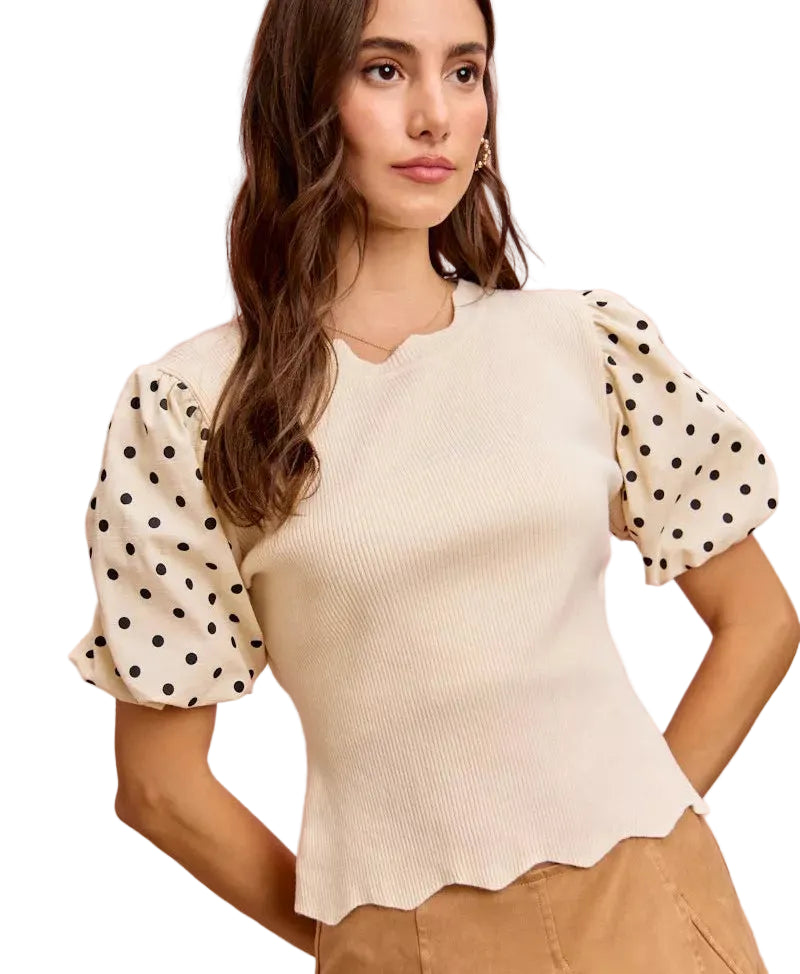 SO ME Polka Dot Contrast Women Blouse Woven Balloon Short Sleeve Casual Top - Styleinger