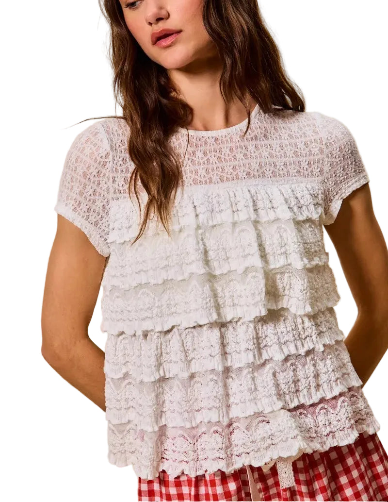 SO ME Ruffle Tiered Stretch Lace Short Sleeve Knit Top Ivory Women’s Casual Blouse - STYLEINGER