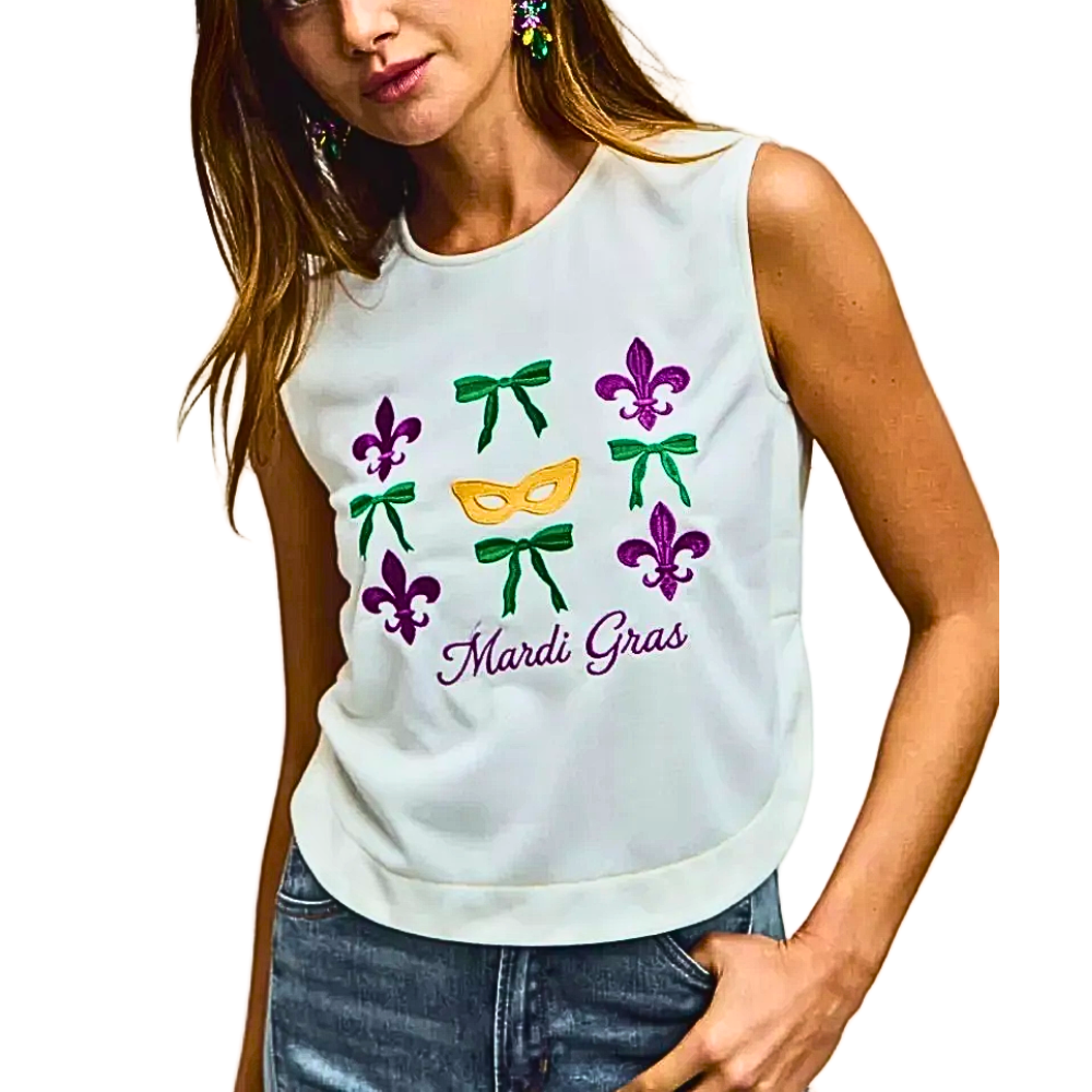SO ME Sleeveless Blouse Ivory Bow Mardi Gras Embroidered Round Neck Casual Top