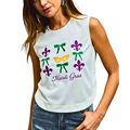 SO ME Sleeveless Blouse Ivory Bow Mardi Gras Embroidered Round Neck Casual Top