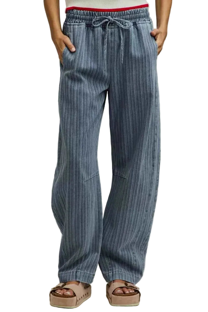 SO ME Stripe Denim Barrel Jeans Drawstring Waistband Women’s Casual Denim Pants