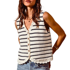 SO ME Striped Sweater Vest V-Neck Lace Trim Knit Buttoned Front Sleeveless Casual