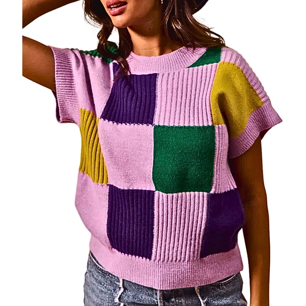 SO ME Sweater Knit Top Colorblock Plaid Round Neck Short Sleeve Casual Soft Rib