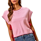 SO ME Sweater Top Lightweight Blush Pink Knit Red Trim Dolman Sleeve Side Bow Tie