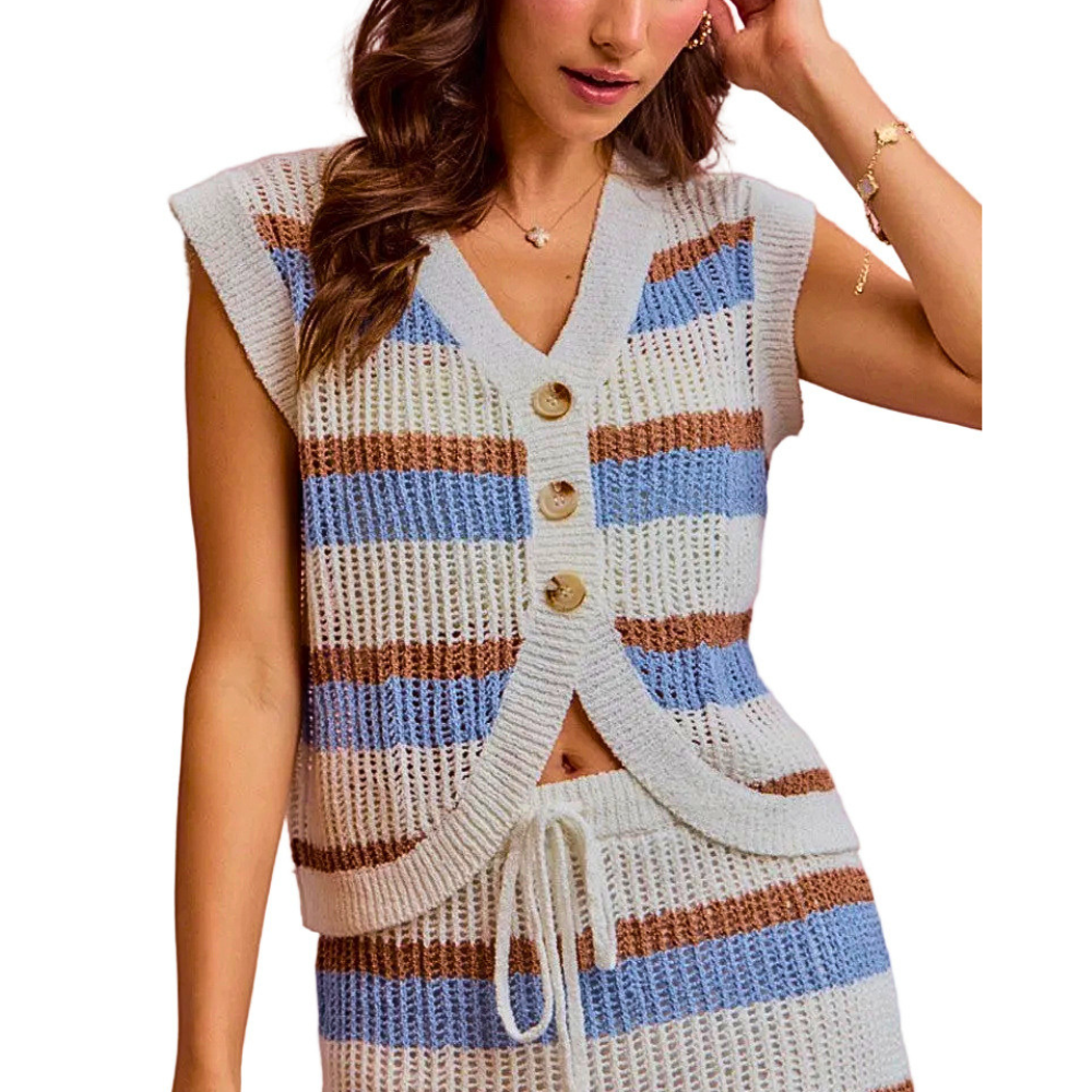 SO ME Sweater Vest Striped V-Neck Multicolor Low Gauge Sleeveless Knit Top