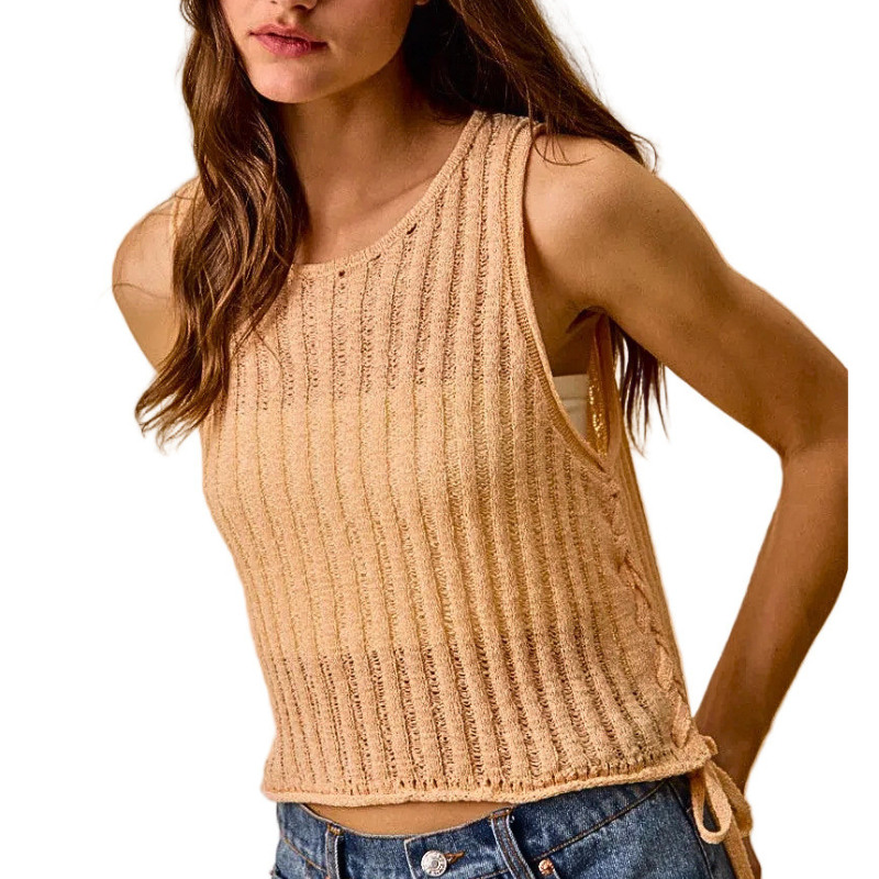 SO ME Tank Top Sleeveless Knit Peach Low Gauge Pointelle Side Tied Sweater