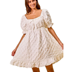 SO ME Mini Babydoll Dress Textured Off White Ruched Square Neck Short Puff Sleeve