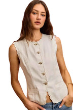 SO ME Vest Top Women White Scalloped Edge Cotton Twill Washed Top