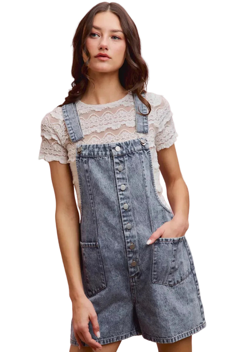 SO ME Women's Acid Wash Denim Short Overall Romper with Adjustable Straps | Styleinger