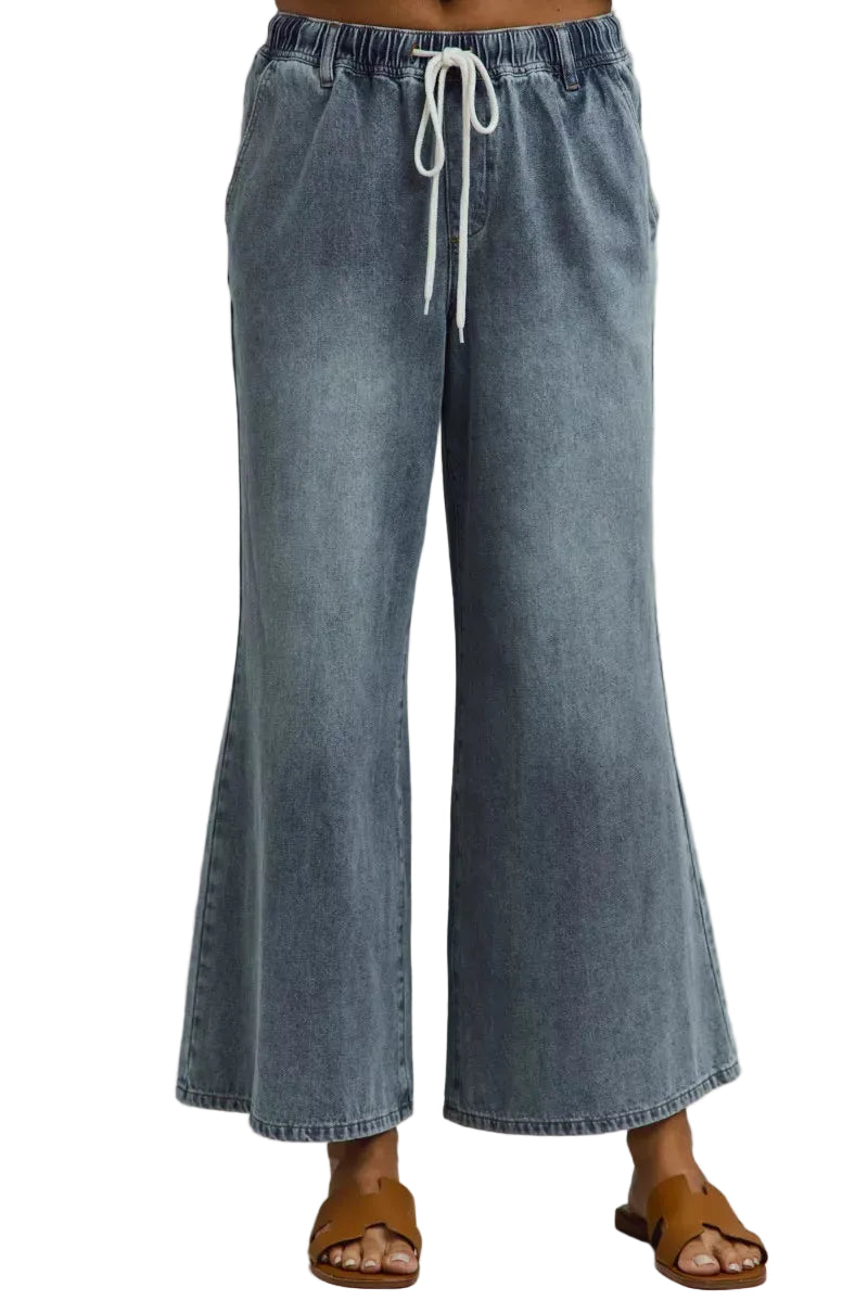 SO ME Women’s Classic Flared Jeans Mid Rise Elastic Waist Drawstring Denim Pants - Styleinger