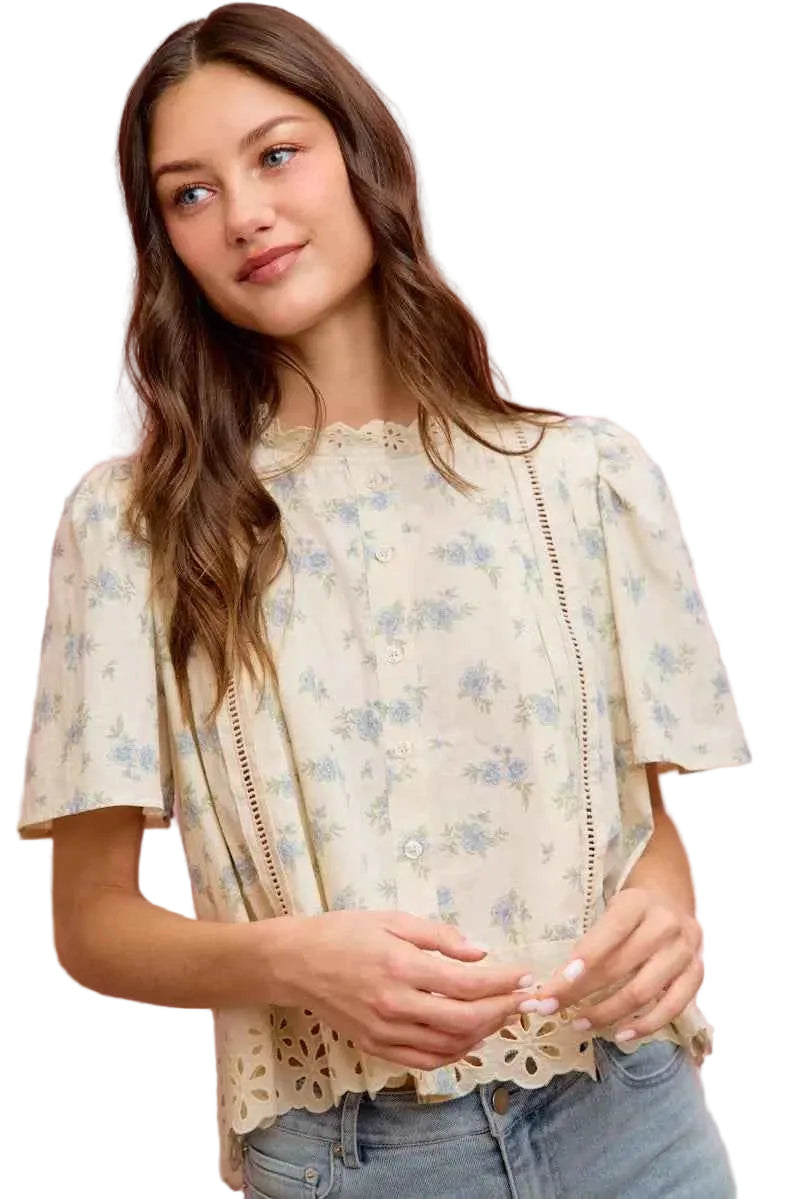 SO ME Women’s Floral Lace Trim Flutter Sleeve Blouse Summer Casual Top