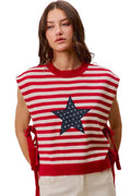 SO ME Women's Patriotic Stripe Knit Sweater Vest with Star Patch & Side Ties | Styleinger