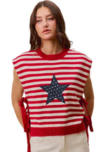 SO ME Women's Patriotic Stripe Knit Sweater Vest with Star Patch & Side Ties | Styleinger