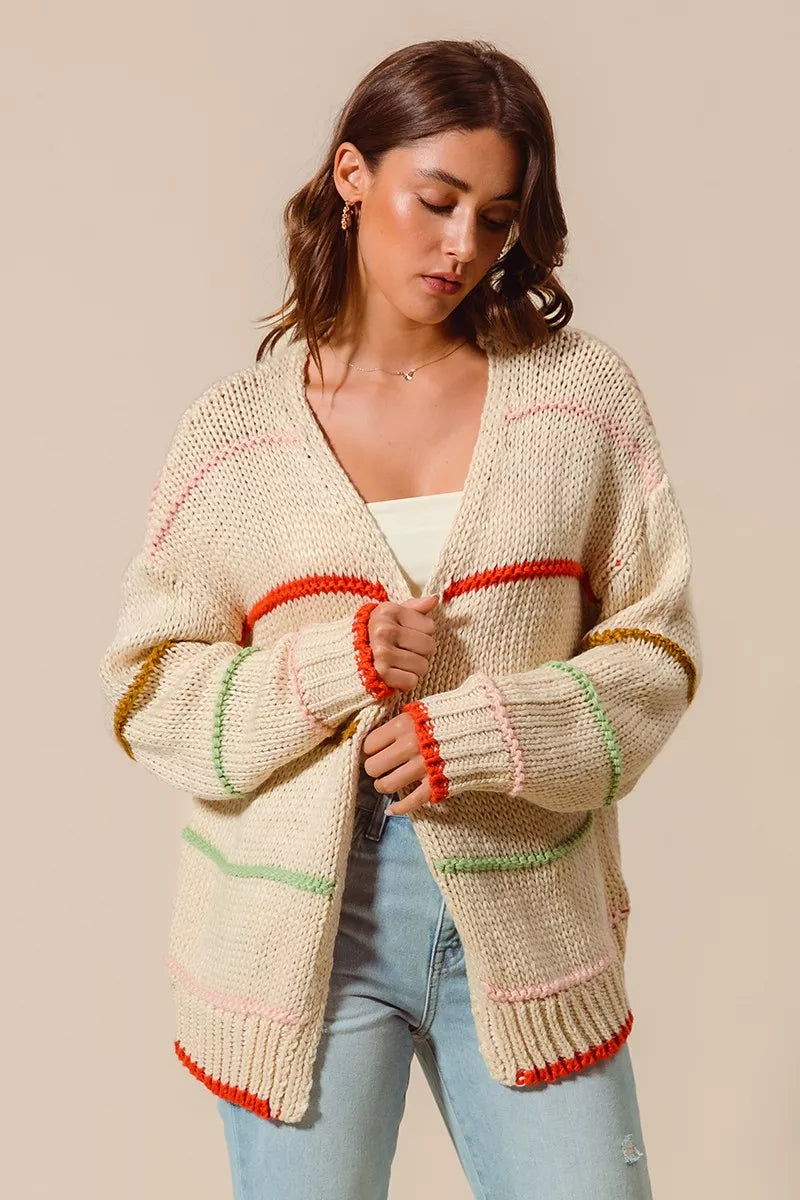 SO ME Womens Cardigan Loose Fit Multi Stripe Open Front Oversized SO_ME_Womens_Cardigan_Loose_Fit_Multi_Stripe_Open_Front_Oversized Trendsi