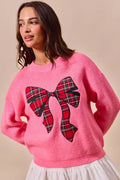 SO ME Womens Christmas Holiday Sweater Pink with Checker Plaid Ribbon PINK SO_ME_Womens_Christmas_Holiday_Sweater_Pink_with_Checker_Plaid_Ribbon Trendsi