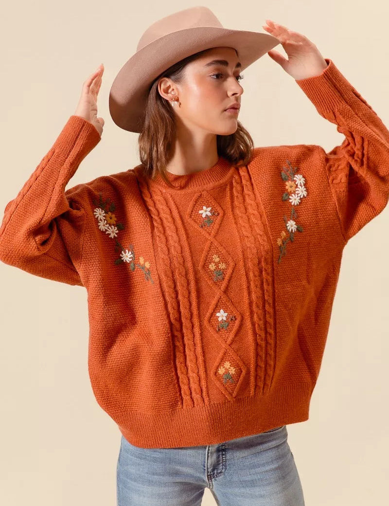 SO ME Womens Sweater Brick Orange Embroidered Flower Cable Knitted BRICK SO_ME_Womens_Sweater_Brick_Orange_Embroidered_Flower_Cable_Knitted Trendsi