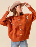 SO ME Womens Sweater Brick Orange Embroidered Flower Cable Knitted BRICK SO_ME_Womens_Sweater_Brick_Orange_Embroidered_Flower_Cable_Knitted Trendsi