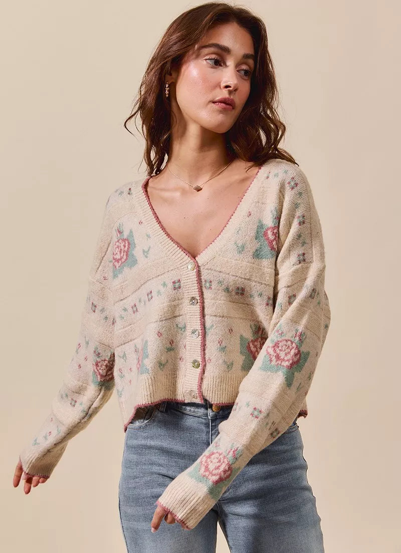 SO ME Womens Sweater Cardigan Floral Pattern Long Sleeve Button BEIGE SO_ME_Womens_Sweater_Cardigan_Floral_Pattern_Long_Sleeve_Button Trendsi