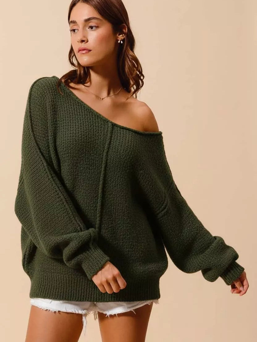 SO ME Womens Sweater Knit olive Loose Fit Exposed Seam Slouchy Boucle OLIVE SO_ME_Womens_Sweater_Knit_olive_Loose_Fit_Exposed_Seam_Slouchy_Boucle Trendsi