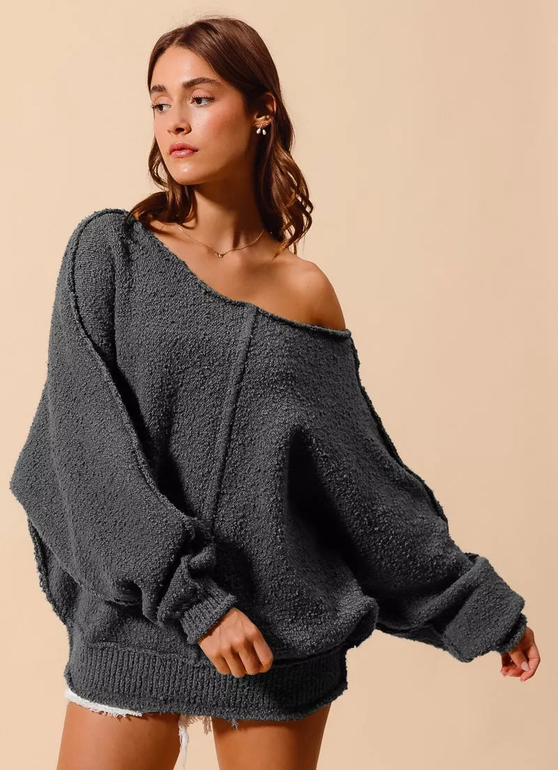 SO ME Womens Sweater Loose Fit Exposed Seam Slouchy Boucle Oversized CHARCOAL SO_ME_Womens_Sweater_Loose_Fit_Exposed_Seam_Slouchy_Boucle_Oversized Trendsi