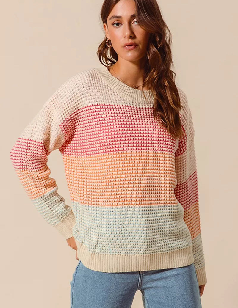 SO ME Womens Sweater Multi Color Block Stripe Long Sleeve Pullover OATMEAL COMBO SO_ME_Womens_Sweater_Multi_Color_Block_Stripe_Long_Sleeve_Pullover Trendsi