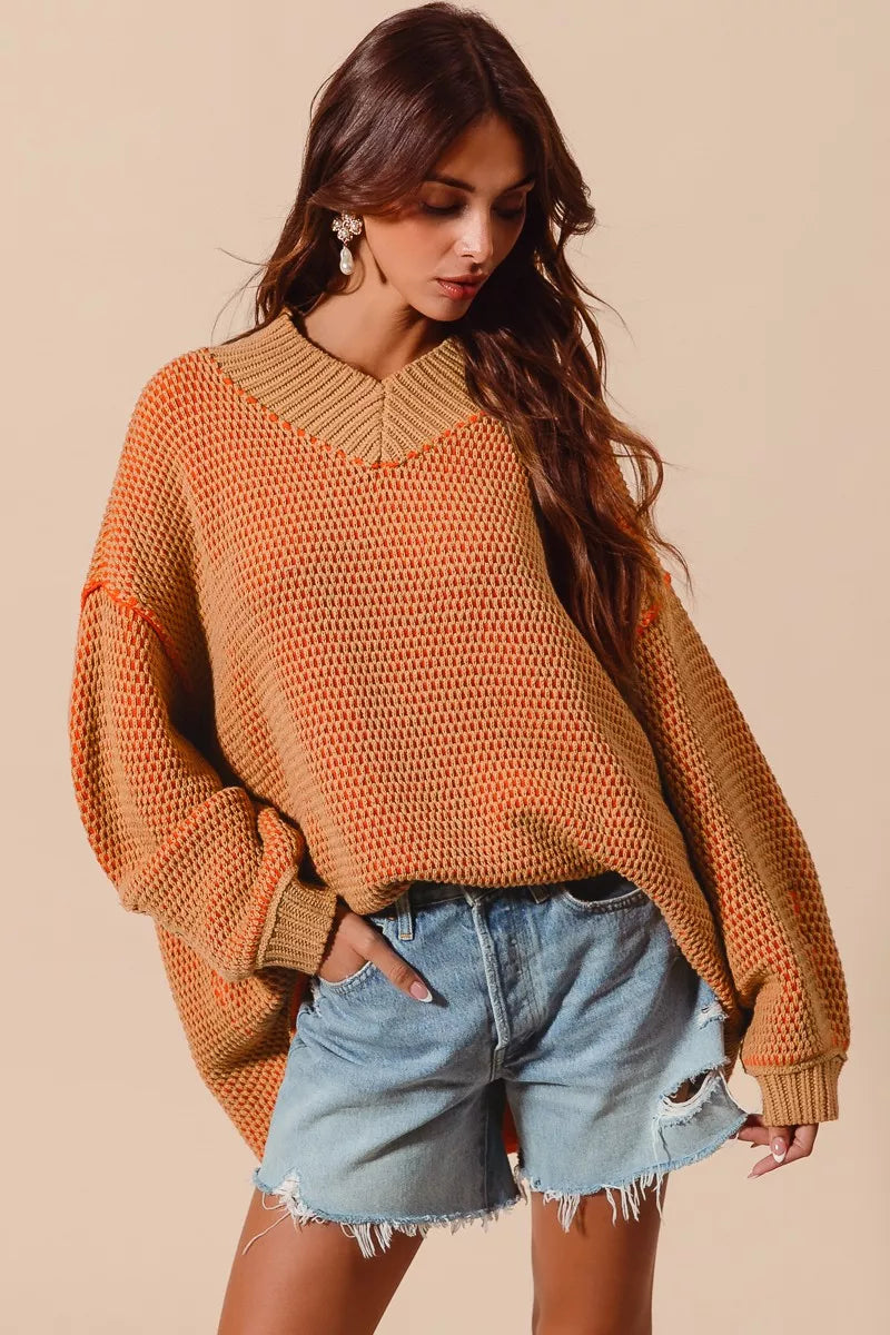 SO ME Womens Sweater Oversized V Neck Camel Orange Two Tone Textured CAMEL ORANGE SO_ME_Womens_Sweater_Oversized_V_Neck_Camel_Orange_Two_Tone_Textured Trendsi