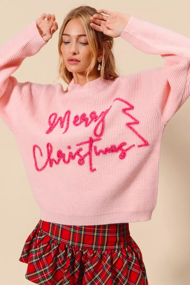 SO ME Womens Sweater Pink Merry Christmas Tinsel Lettering Pullover SO_ME_Womens_Sweater_Pink_Merry_Christmas_Tinsel_Lettering_Pullover Trendsi