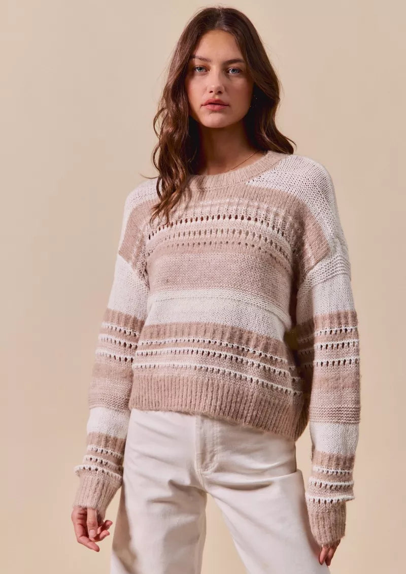 SO ME Womens Sweater Taupe Variegated Stripe Openwor Textured Loose Fit TAUPE SO_ME_Womens_Sweater_Taupe_Variegated_Stripe_Openwor_Textured_Loose_Fit Trendsi