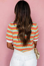 Casual Sweater Abstract Striped Colorful Lightweight Knit Short Sleeve Rib Top