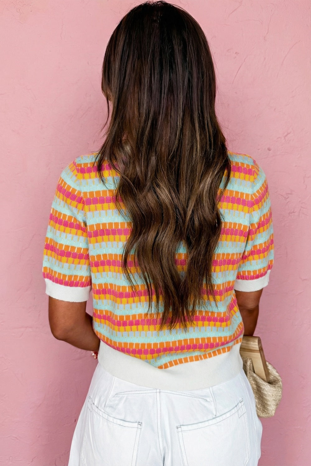 Casual Sweater Abstract Striped Colorful Lightweight Knit Short Sleeve Rib Top