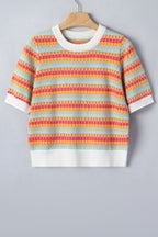 Casual Sweater Abstract Striped Colorful Lightweight Knit Short Sleeve Rib Top