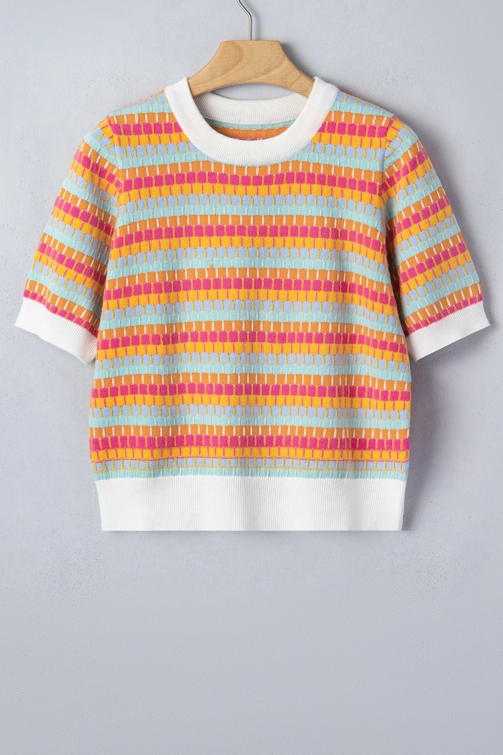 Casual Sweater Abstract Striped Colorful Lightweight Knit Short Sleeve Rib Top