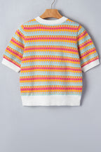Casual Sweater Abstract Striped Colorful Lightweight Knit Short Sleeve Rib Top