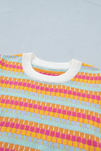 Casual Sweater Abstract Striped Colorful Lightweight Knit Short Sleeve Rib Top