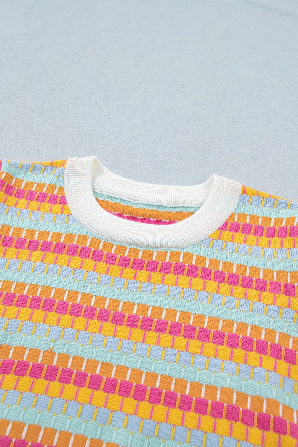 Casual Sweater Abstract Striped Colorful Lightweight Knit Short Sleeve Rib Top
