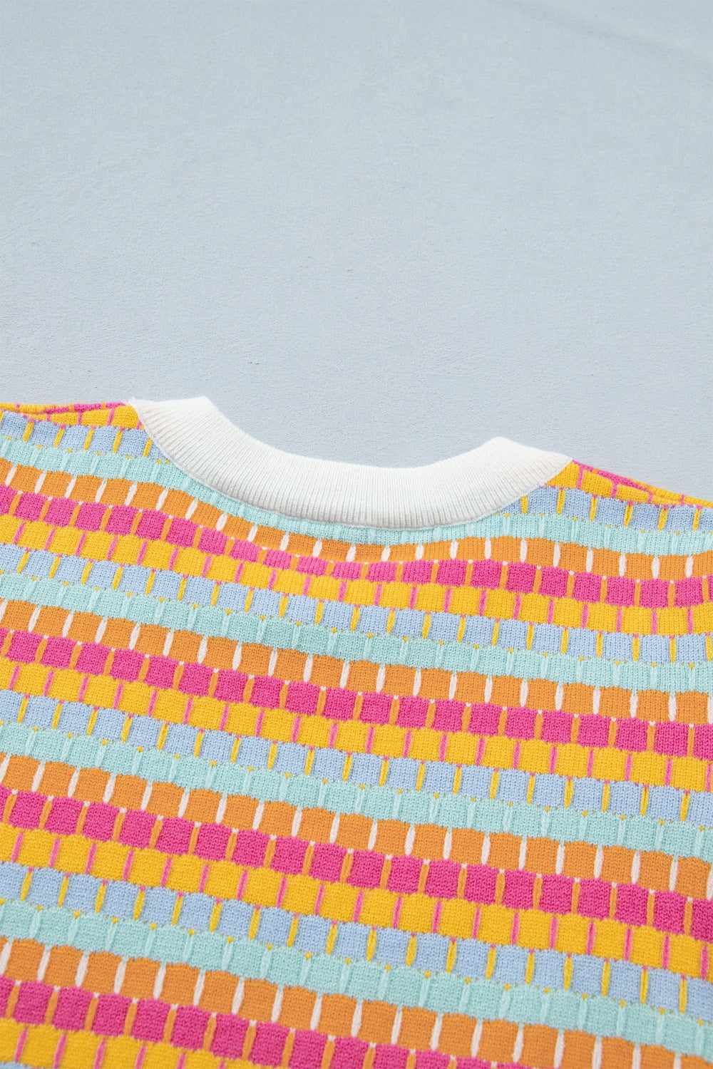 Casual Sweater Abstract Striped Colorful Lightweight Knit Short Sleeve Rib Top