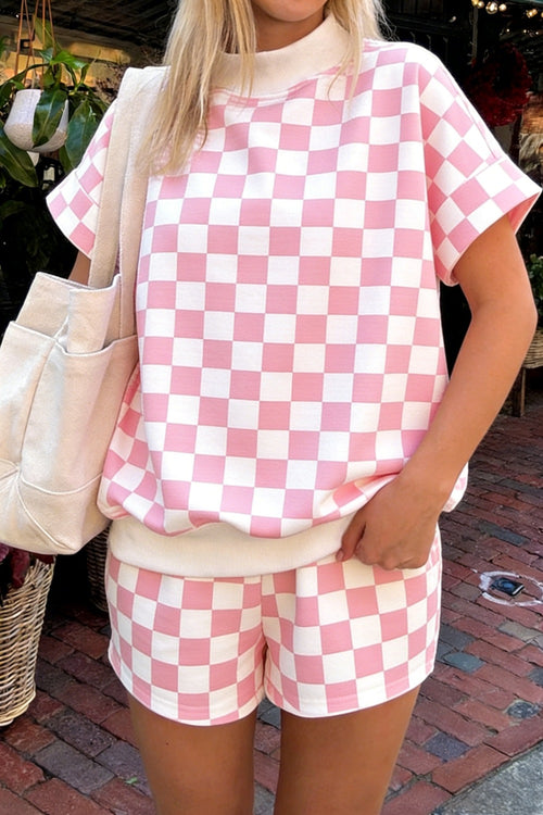Casual Women's Outfit Set Checkerboard Short Sleeve Top Tee and Shorts 2 Pcs