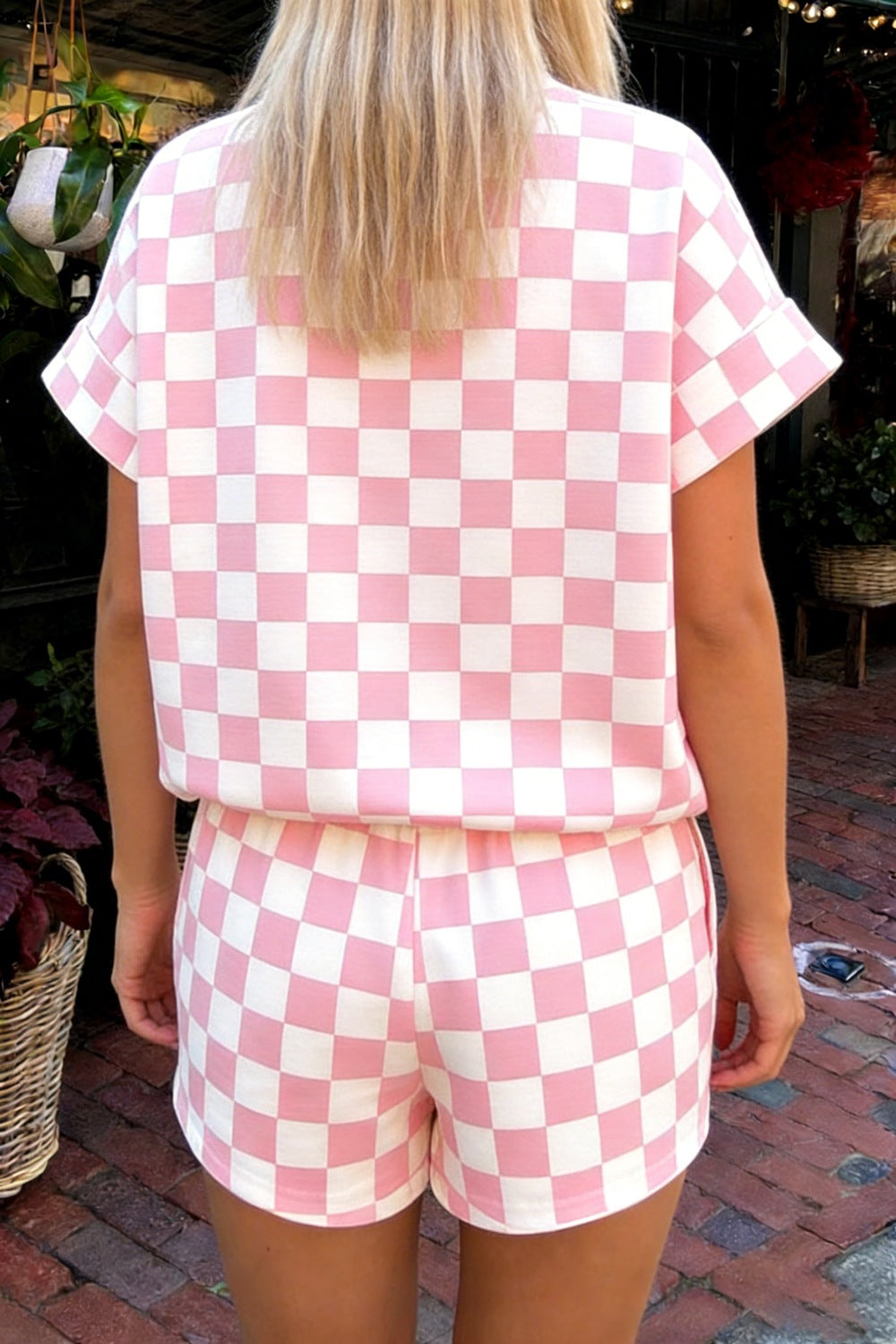 Casual Women's Outfit Set Checkerboard Short Sleeve Top Tee and Shorts 2 Pcs